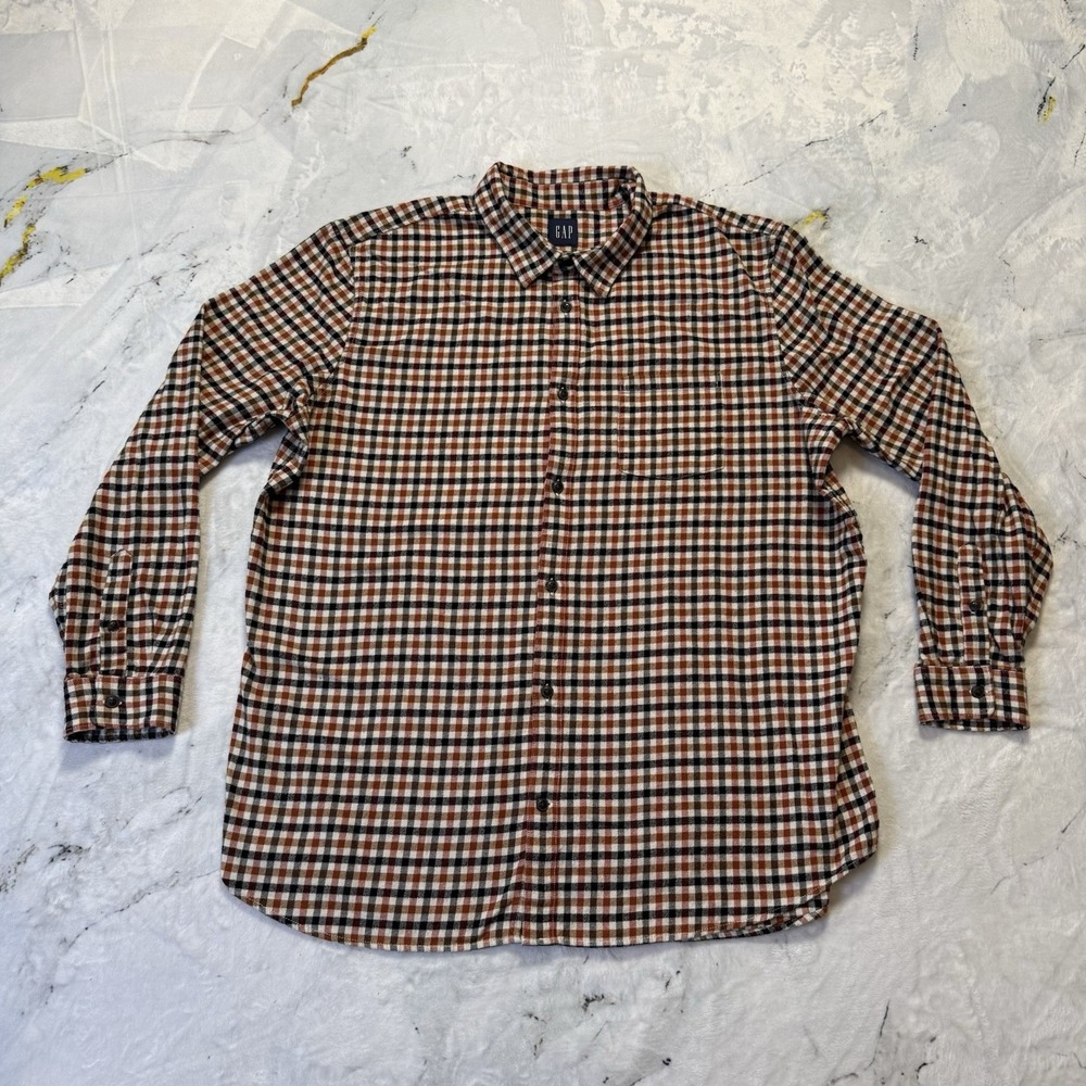Gap Shirt Mens Size XXL Black Brown Plaid Flannel Button Down 100% Cotton